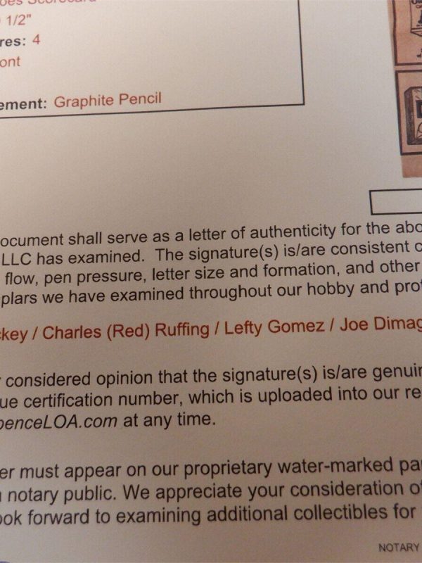 JOE DIMAGGIO RED RUFFING LEFTY GOMEZ & BILL DICKEY SIGNED 1940 Scorecard YANKEES