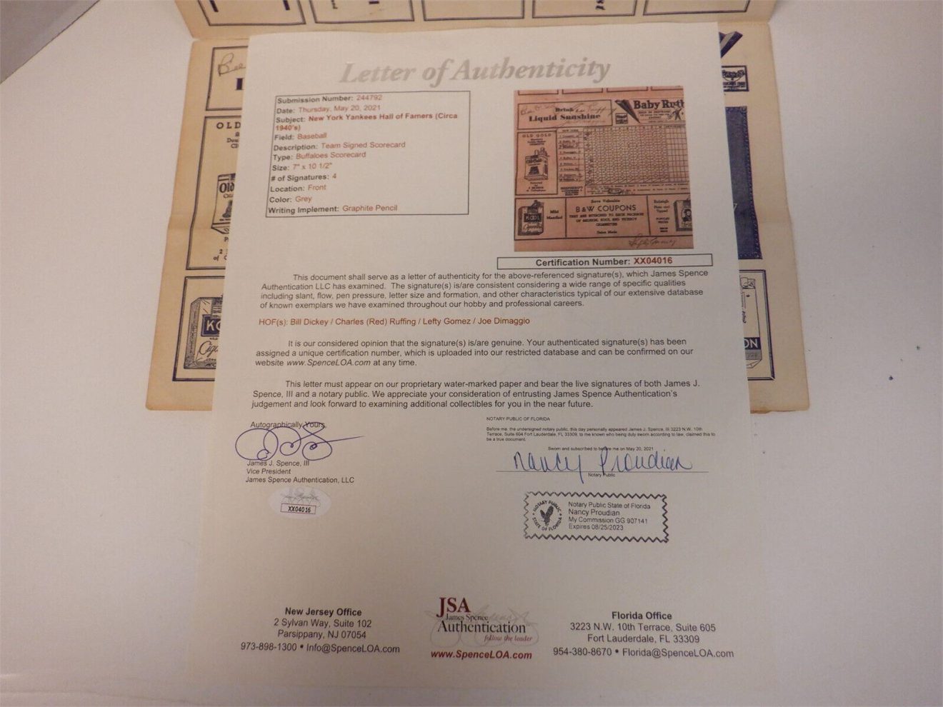 JOE DIMAGGIO RED RUFFING LEFTY GOMEZ & BILL DICKEY SIGNED 1940 Scorecard YANKEES