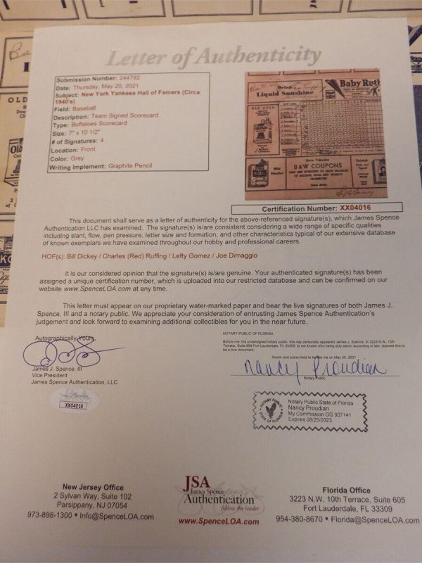 JOE DIMAGGIO RED RUFFING LEFTY GOMEZ & BILL DICKEY SIGNED 1940 Scorecard YANKEES