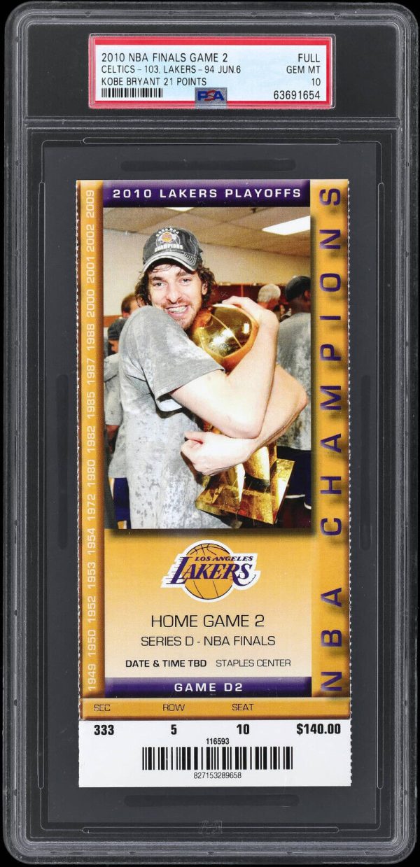 2010 NBA FINALS GAME 2 FULL TICKET LAKERS/CELTICS KOBE BRYANT 21 PTS MVP PSA 10