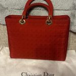 Dior Lady Dior Handbag Purse Canage Nylon canvas RED Medium Vintagewith dust bag