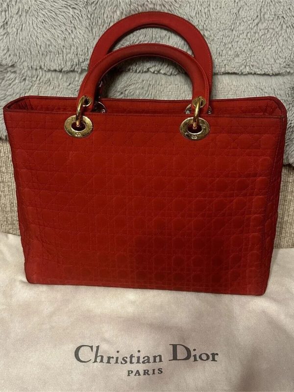 Dior Lady Dior Handbag Purse Canage Nylon canvas RED Medium Vintagewith dust bag