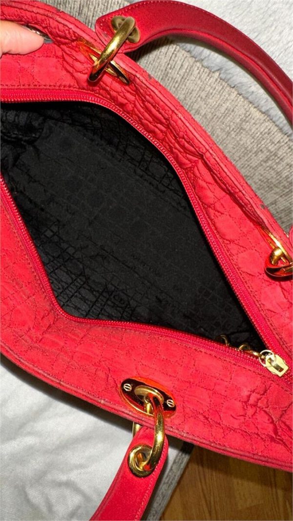 Dior Lady Dior Handbag Purse Canage Nylon canvas RED Medium Vintagewith dust bag