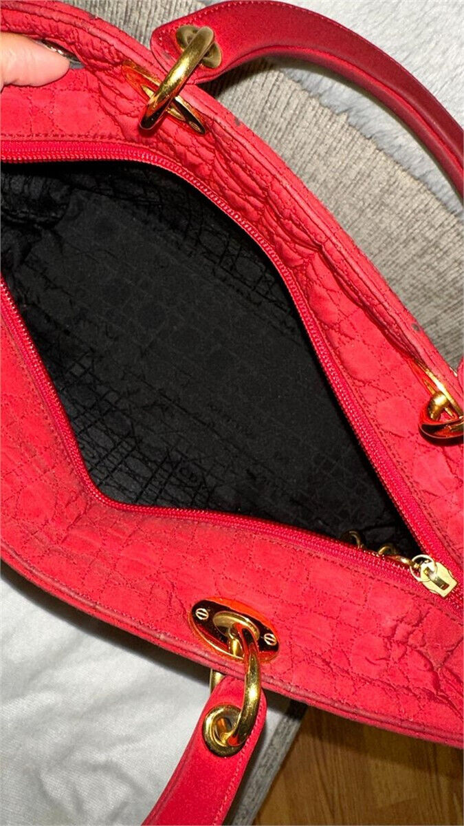 Dior Lady Dior Handbag Purse Canage Nylon canvas RED Medium Vintagewith dust bag