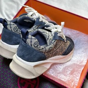 TORY BURCH T Monogram Good Luck Navy Sneakers Shoes Size 10.5 complete set