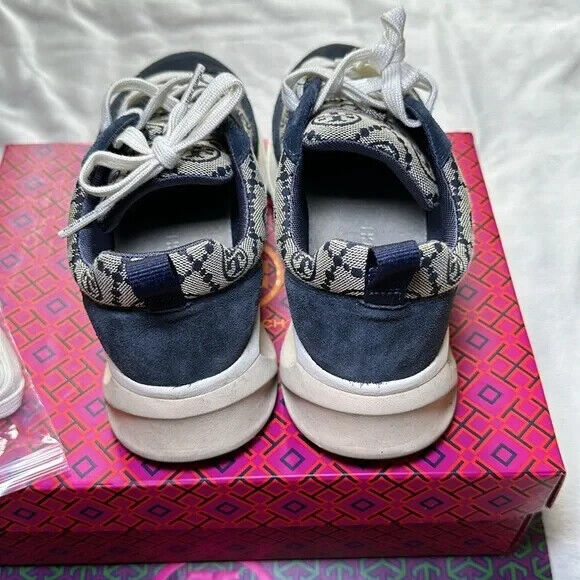 TORY BURCH T Monogram Good Luck Navy Sneakers Shoes Size 10.5 complete set