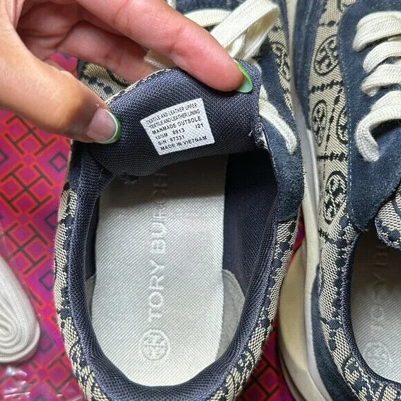 TORY BURCH T Monogram Good Luck Navy Sneakers Shoes Size 10.5 complete set