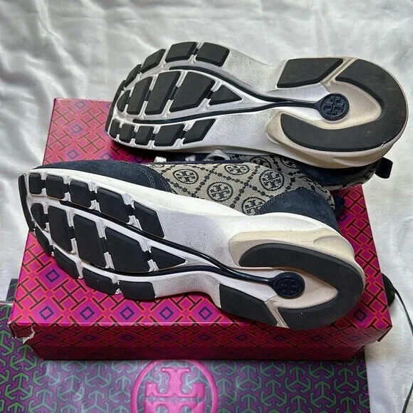 TORY BURCH T Monogram Good Luck Navy Sneakers Shoes Size 10.5 complete set
