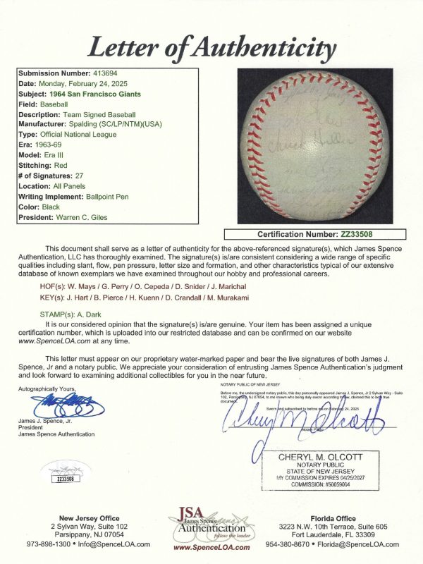 1964 Giants ONL Baseball Signed By (27) Willie Mays, Perry, Cepeda, Snider JSA