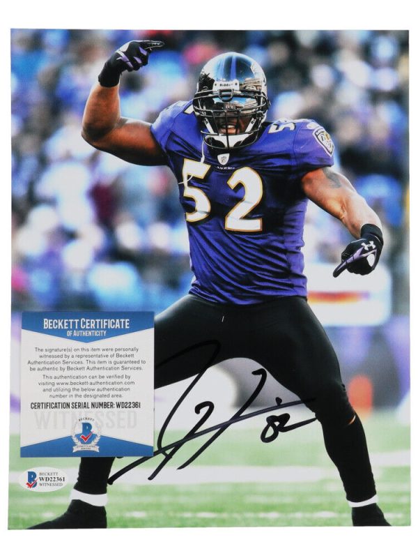 Ray Lewis Autographed/Signed Baltimore Ravens 8x10 Photo Beckett Witnessed COA
