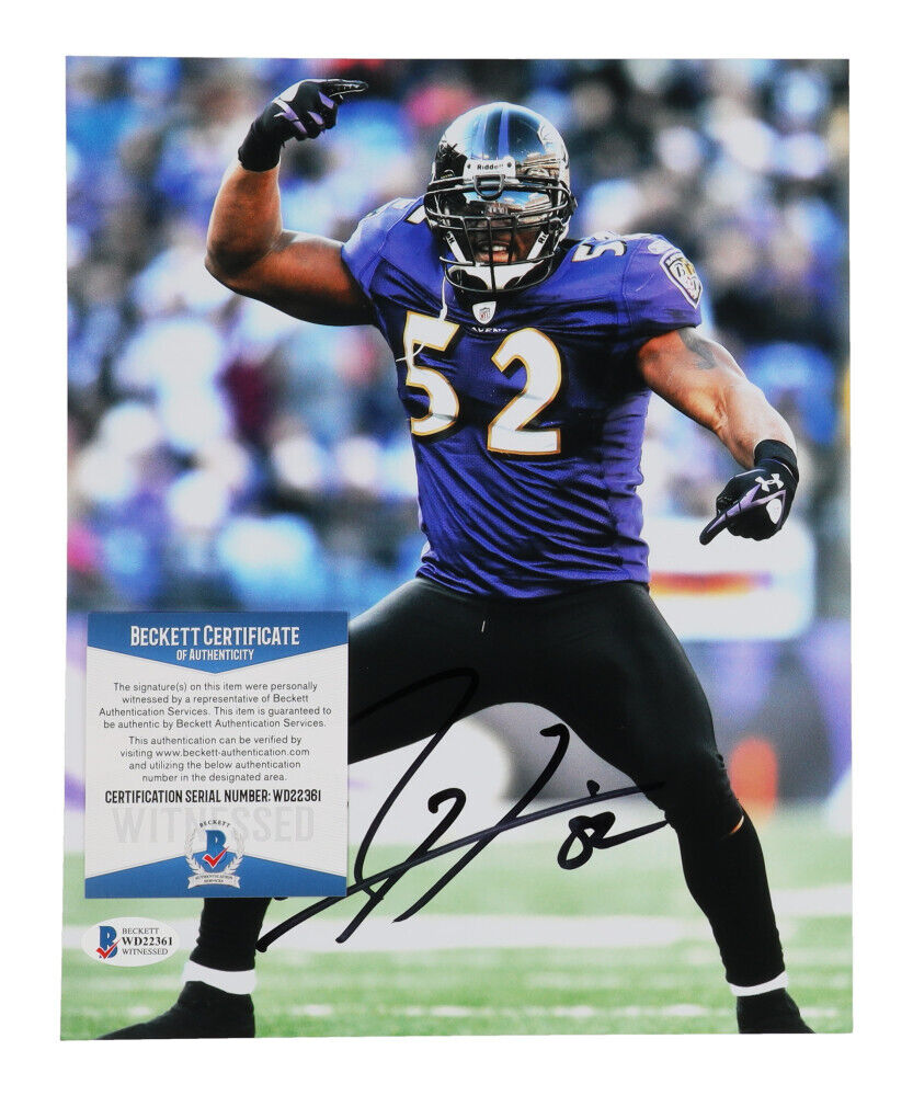 Ray Lewis Autographed/Signed Baltimore Ravens 8x10 Photo Beckett Witnessed COA