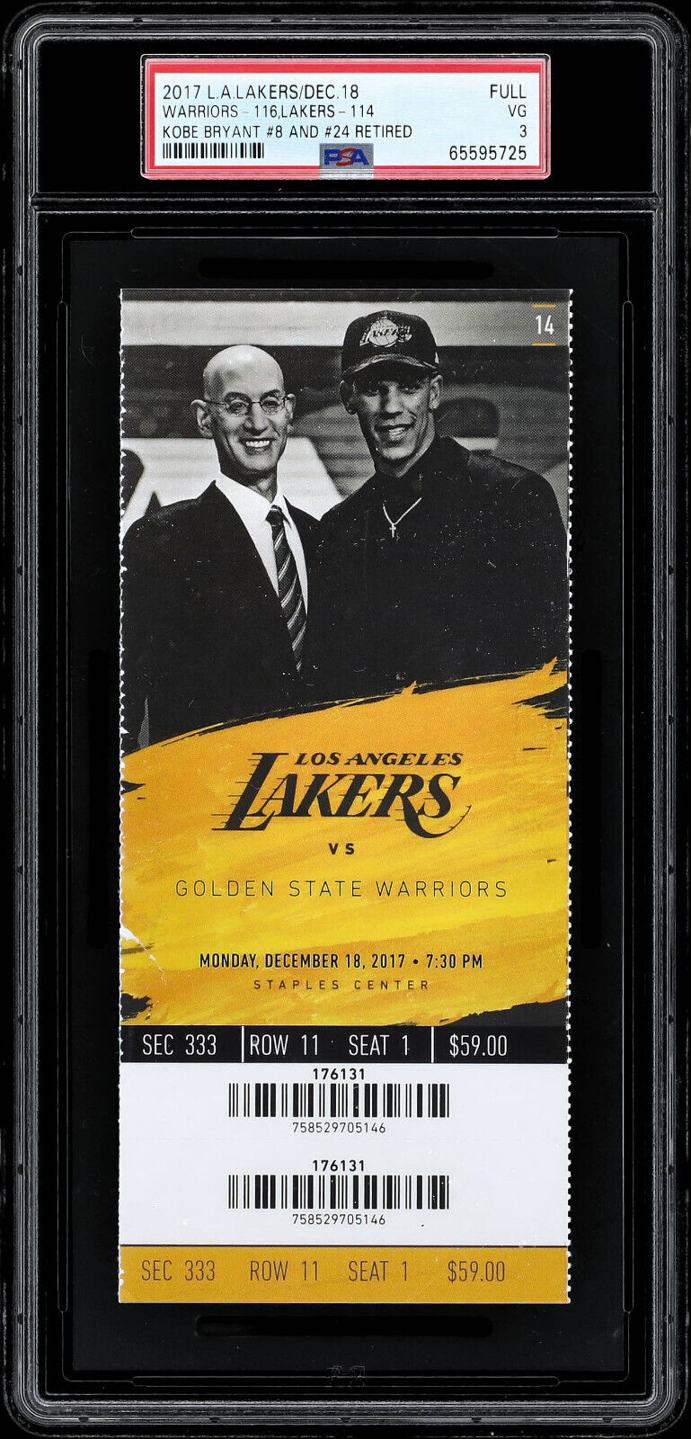 2017 LA Lakers Warriors 12/18 Kobe Bryant #8 and #24 Retired PSA 3 Full Ticket