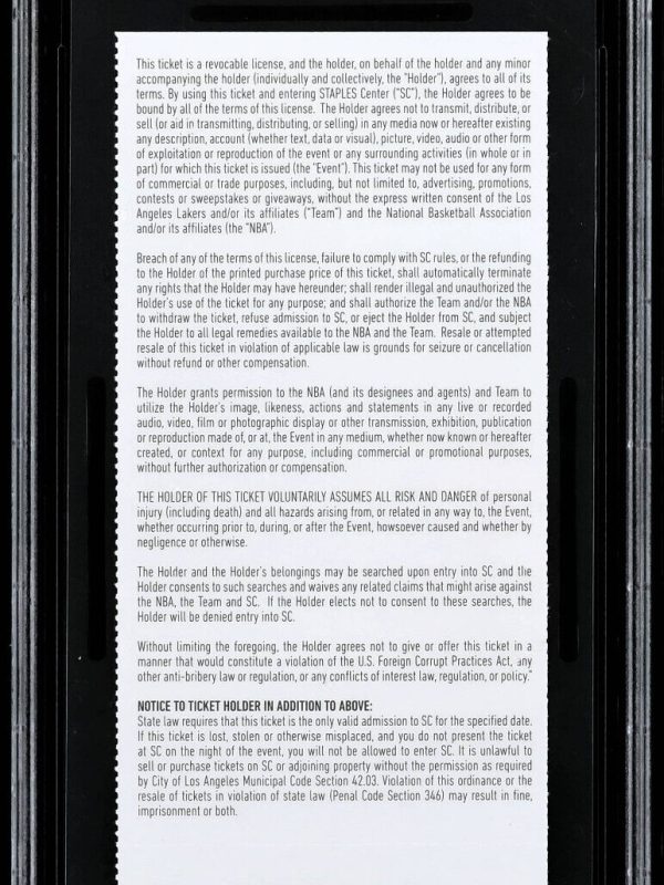 2017 LA Lakers Warriors 12/18 Kobe Bryant #8 and #24 Retired PSA 3 Full Ticket