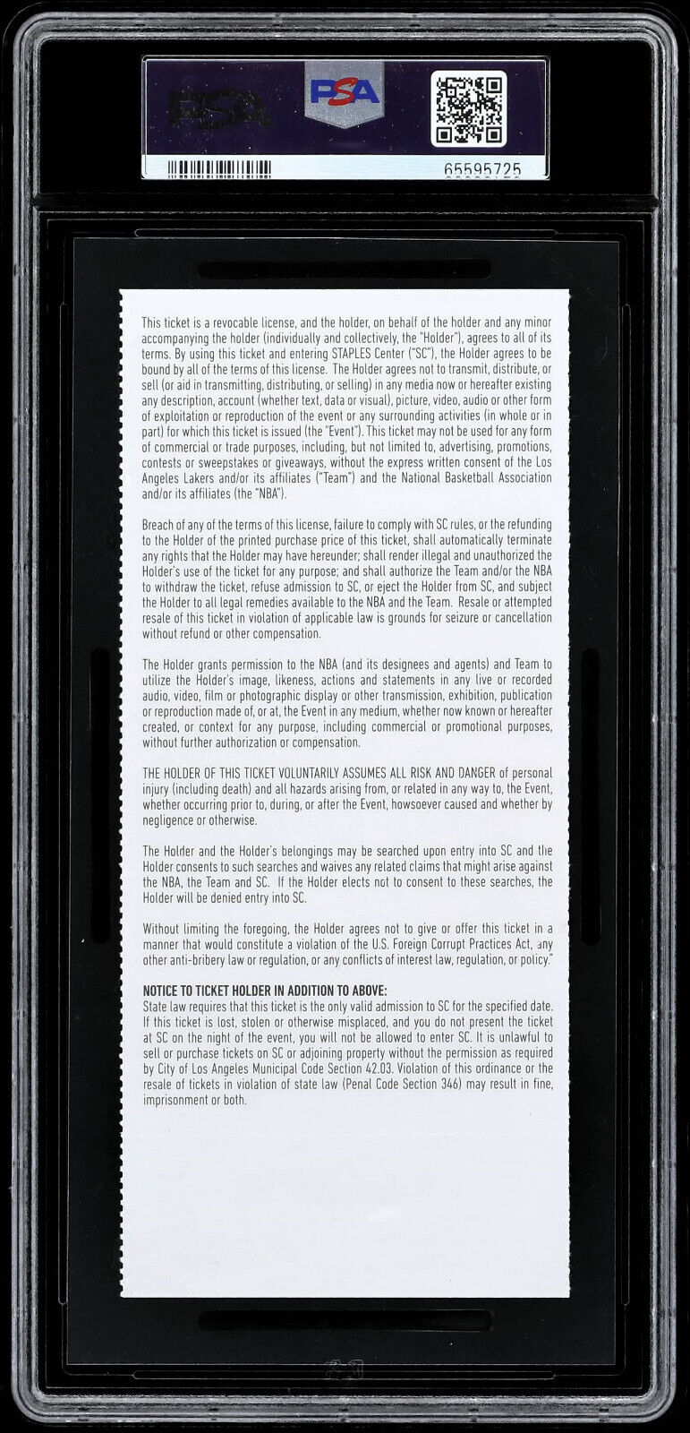2017 LA Lakers Warriors 12/18 Kobe Bryant #8 and #24 Retired PSA 3 Full Ticket