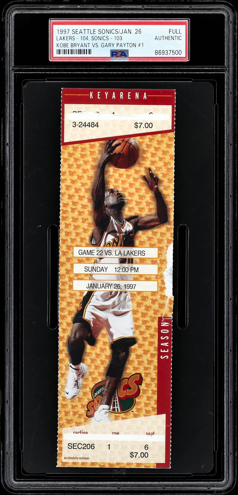 1997 KOBE BRYANT ROOKIE YEAR 1ST GAME VS GARY PAYTON FULL TICKET LAKERS PSA