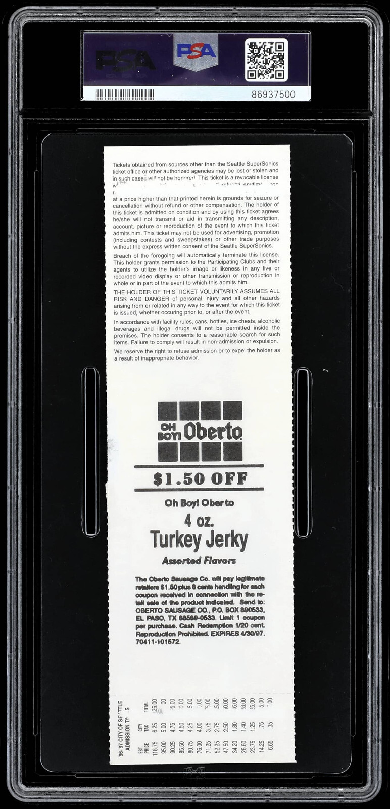 1997 KOBE BRYANT ROOKIE YEAR 1ST GAME VS GARY PAYTON FULL TICKET LAKERS PSA