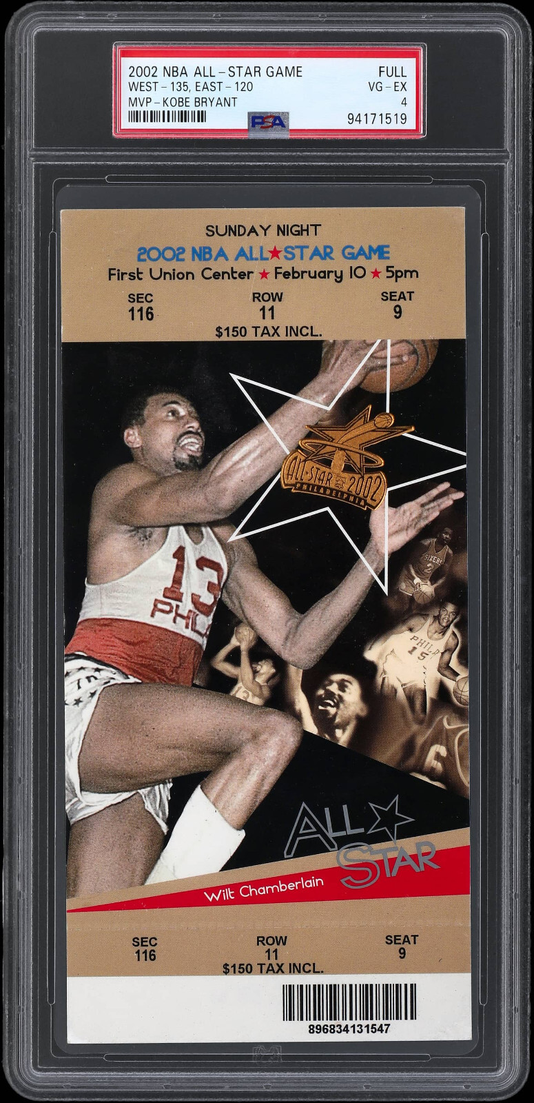 2002 NBA All Star Game Full Ticket MVP Kobe Bryant Authentic PSA 4 EX