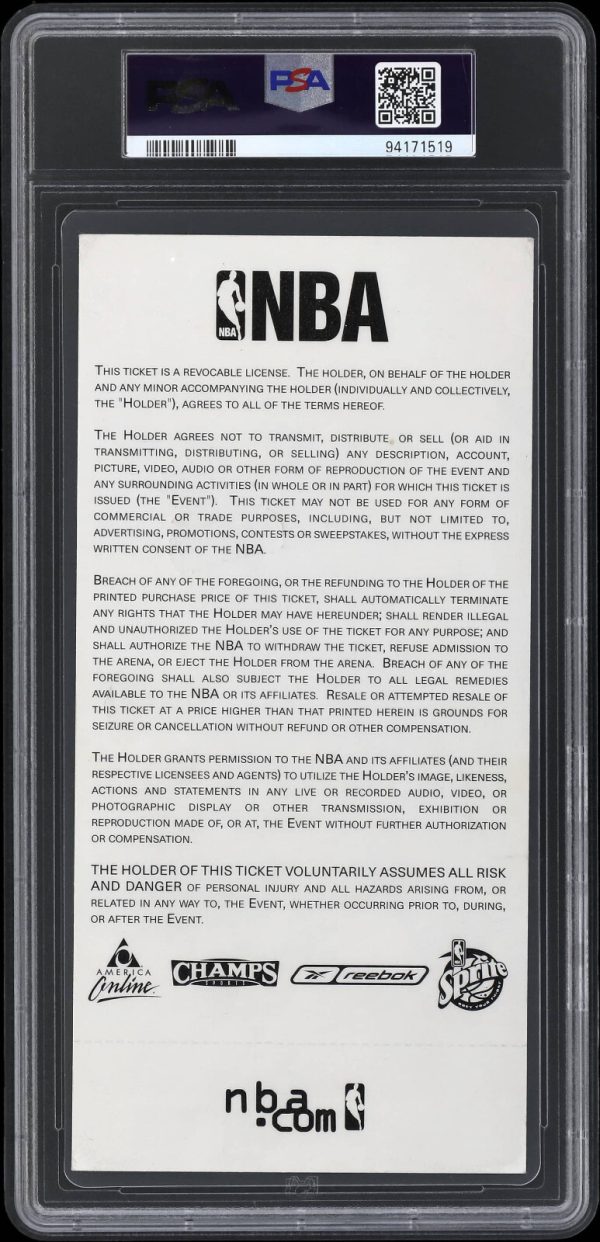2002 NBA All Star Game Full Ticket MVP Kobe Bryant Authentic PSA 4 EX