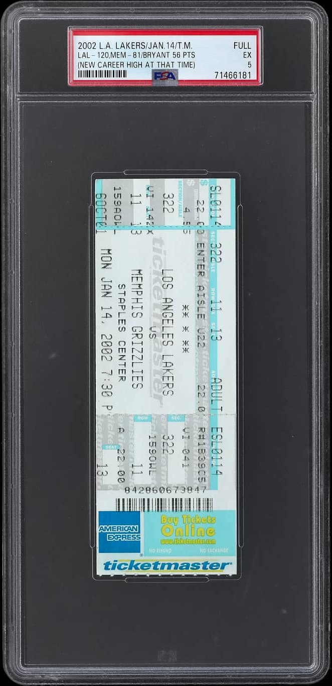 Jan. 14, 2002 - Kobe Bryant 56-Point Game Full Ticket PSA EX 5