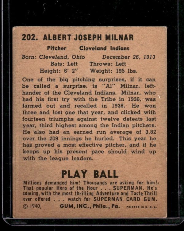 1940 Play Ball #202 Al Milnar - High Number EX