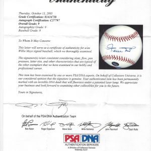 Willie Mays Signed Official Major League Baseball Sweet Spot PSA DNA Mint 9 COA