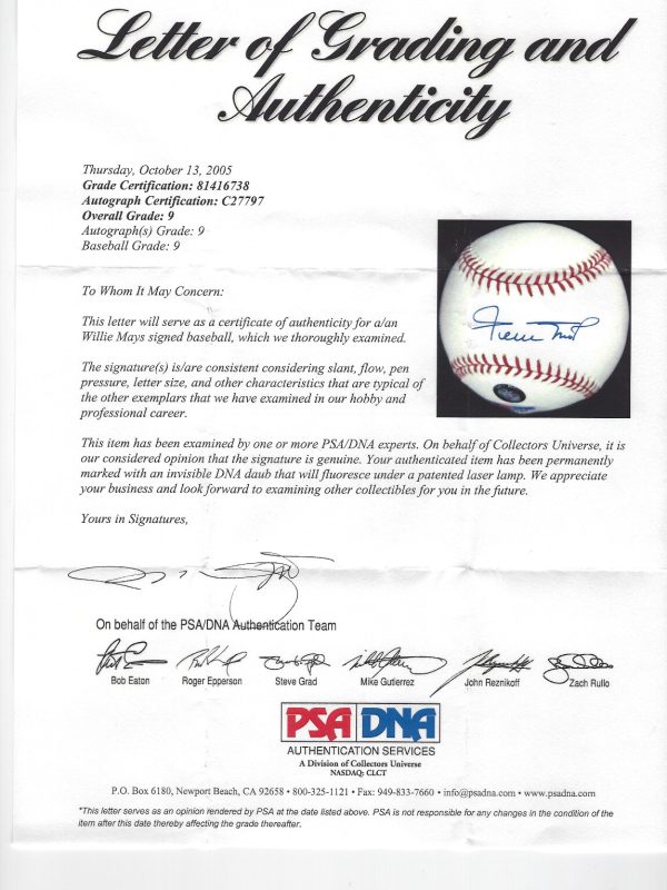 Willie Mays Signed Official Major League Baseball Sweet Spot PSA DNA Mint 9 COA