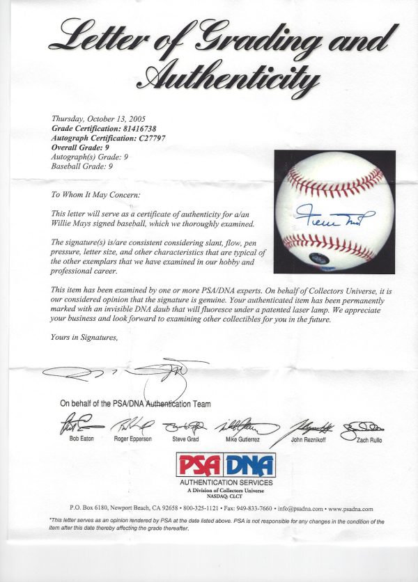 Willie Mays Signed Official Major League Baseball Sweet Spot PSA DNA Mint 9 COA