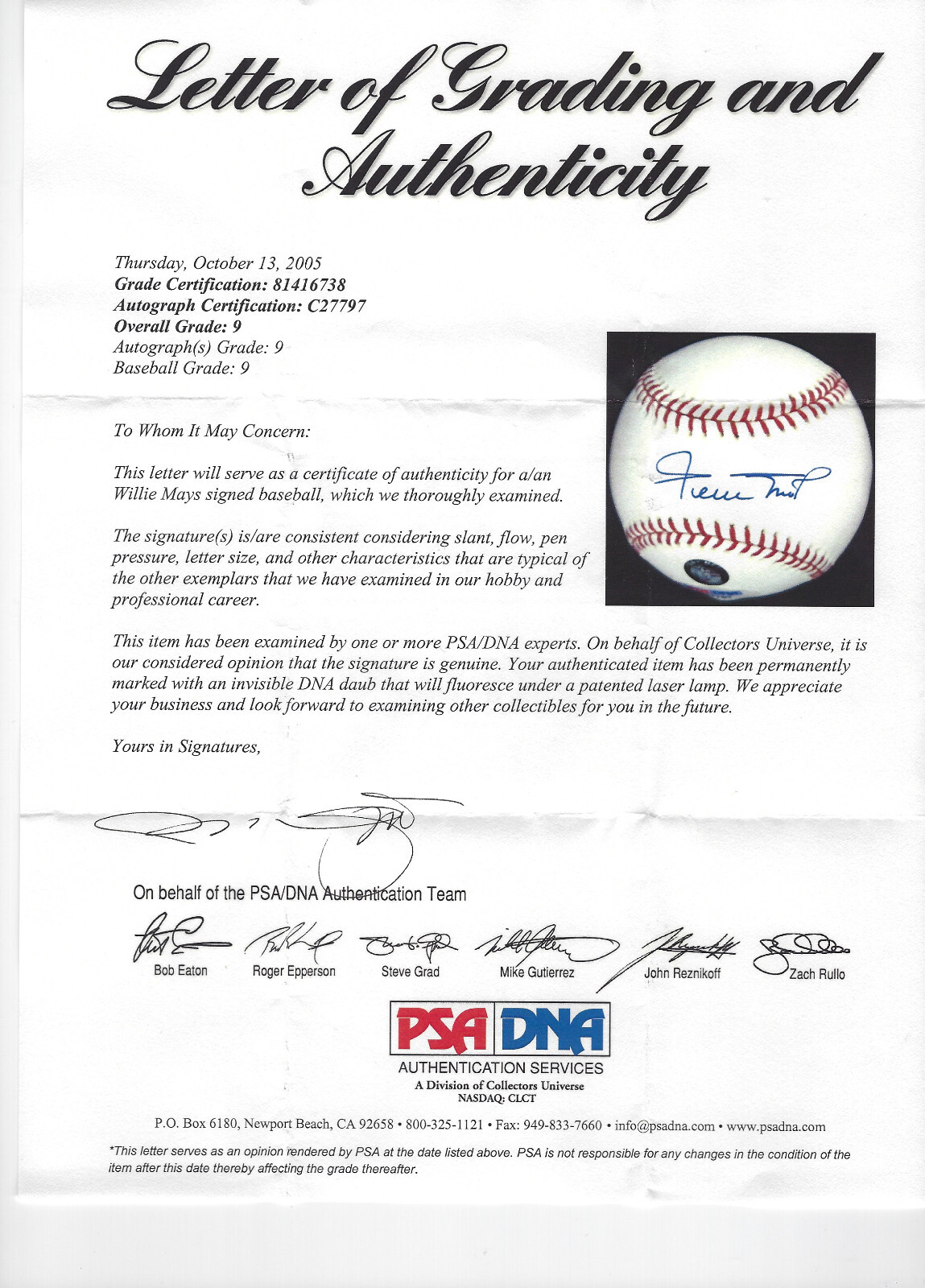 Willie Mays Signed Official Major League Baseball Sweet Spot PSA DNA Mint 9 COA
