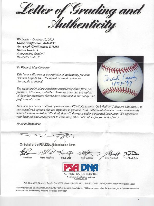 Orlando Cepeda Giants Signed HOF 99 Autograph OMLB Baseball PSA DNA Mint 9 W COA