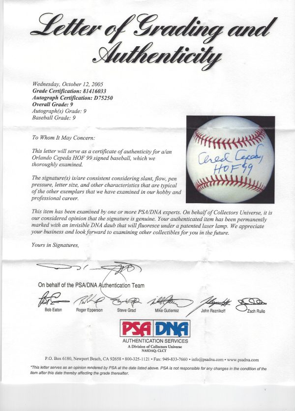 Orlando Cepeda Giants Signed HOF 99 Autograph OMLB Baseball PSA DNA Mint 9 W COA