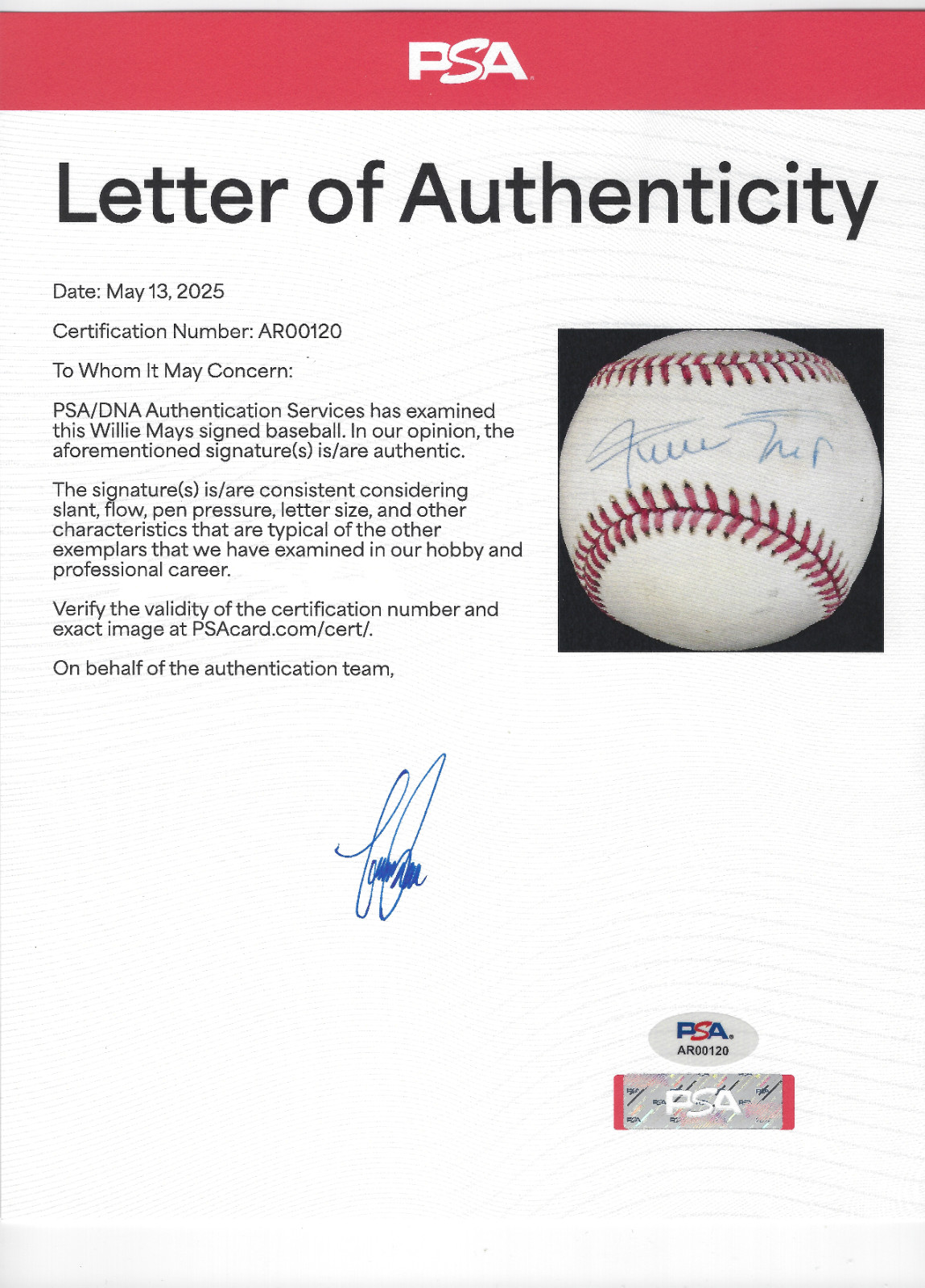 Willie Mays Signed Autographed National League Baseball Ball PSA LOA