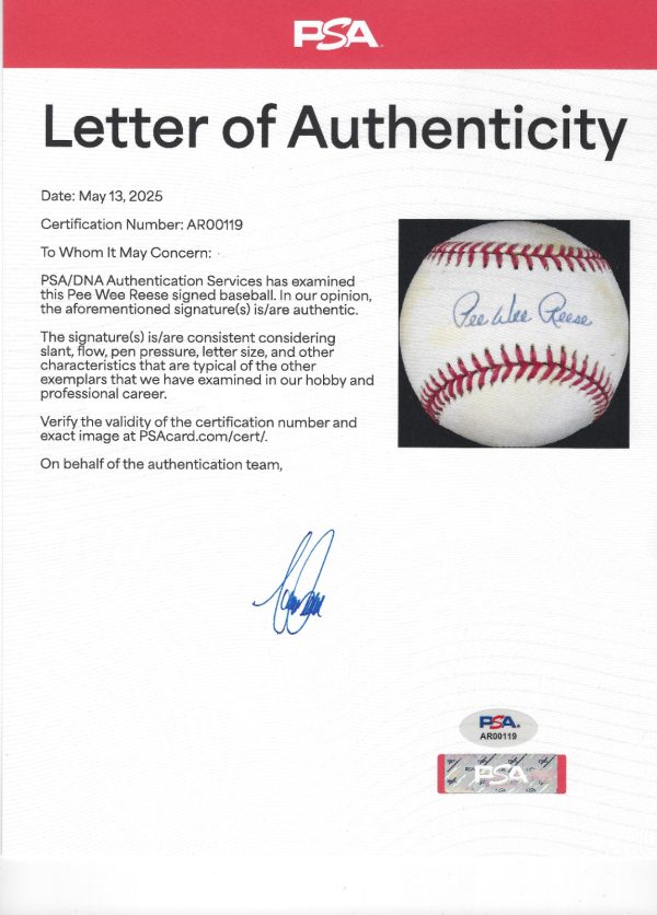 PEE WEE REESE SIGNED AUTOGRAPHED BASEBALL Dodgers PSA/LOA RARE