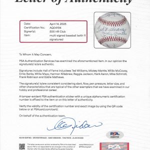 500 Home Run Club Multi Signed by 11 OAL Baseball Mickey Mantle PSA & Beckett