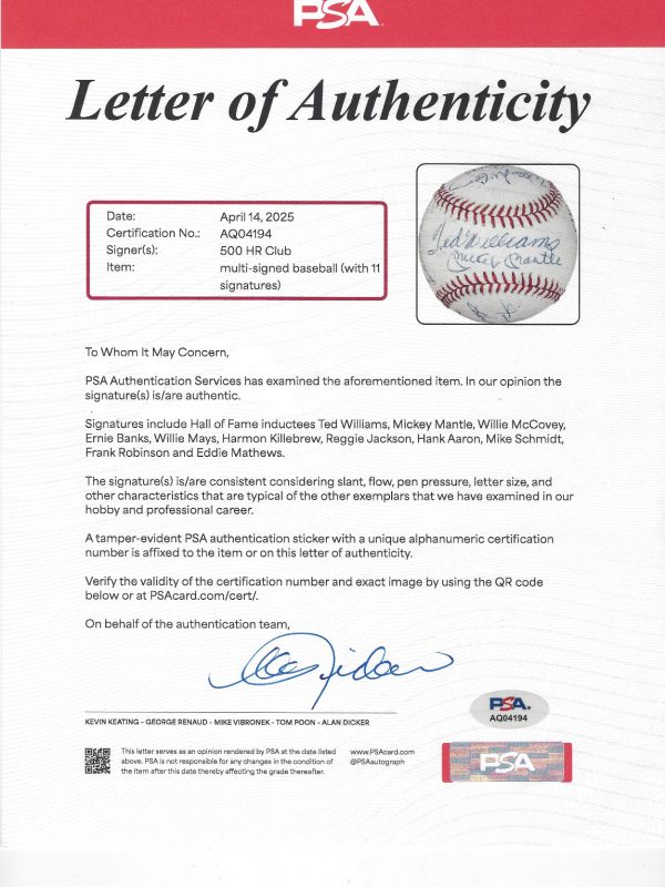 500 Home Run Club Multi Signed by 11 OAL Baseball Mickey Mantle PSA & Beckett