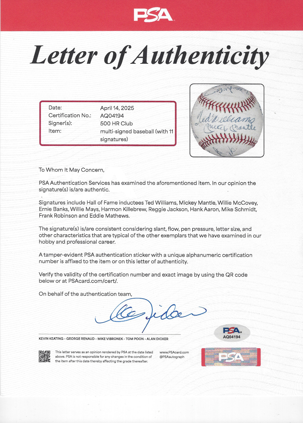 500 Home Run Club Multi Signed by 11 OAL Baseball Mickey Mantle PSA & Beckett