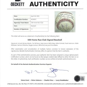 500 Home Run Club Multi Signed by 11 OAL Baseball Mickey Mantle PSA & Beckett