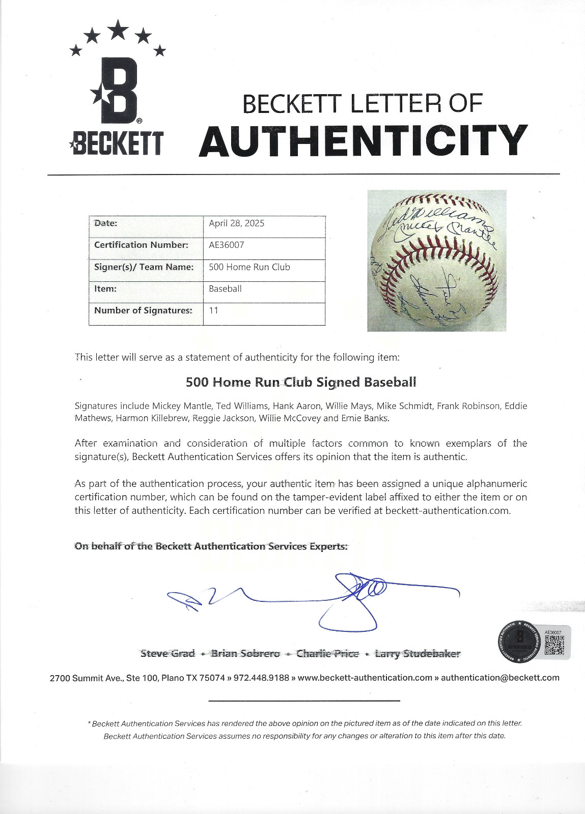 500 Home Run Club Multi Signed by 11 OAL Baseball Mickey Mantle PSA & Beckett