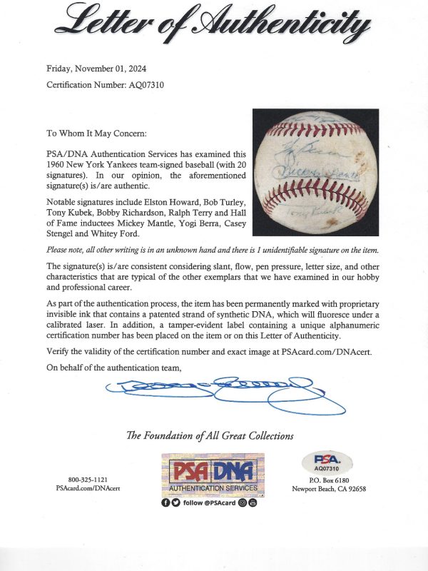 Mickey Mantle 1960 New York Yankees AL Champs Team Signed Baseball PSA DNA COA