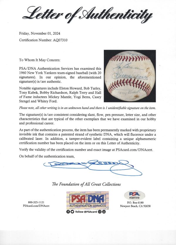 Mickey Mantle 1960 New York Yankees AL Champs Team Signed Baseball PSA DNA COA