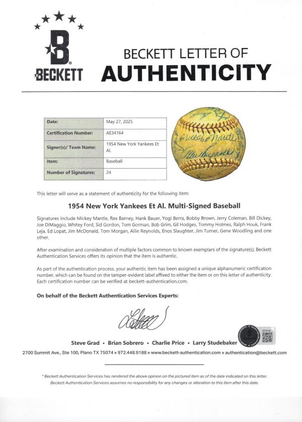 1954 New York Yankees Team Signed Baseball (24) Mickey Mantle, DiMaggio Beckett
