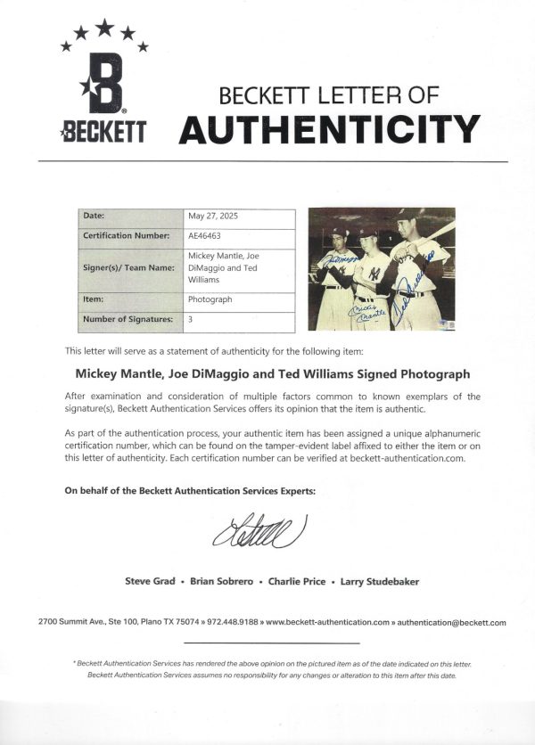 Mickey Mantle Ted Williams Joe DiMaggio AUTOGRAPHED FRAMED 8x10 PHOTO - Beckett