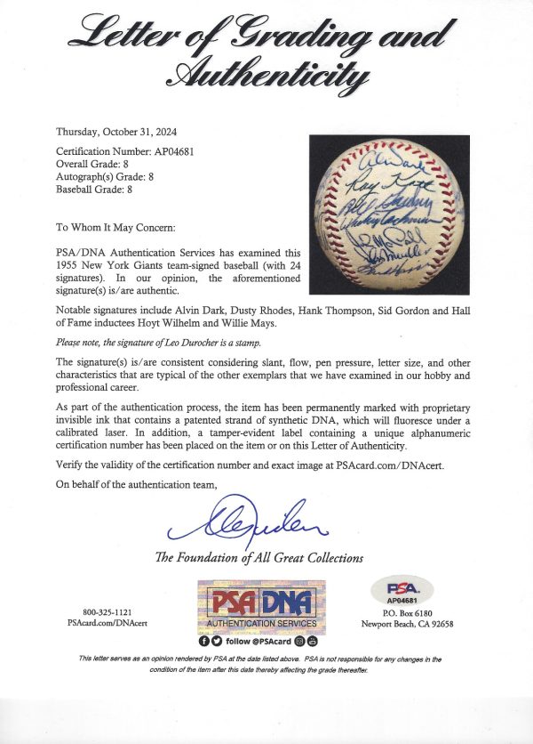 1955 New York Giants Team Signed (24) Baseball. Mays, Wilhelm PSA/DNA NM- MT 8