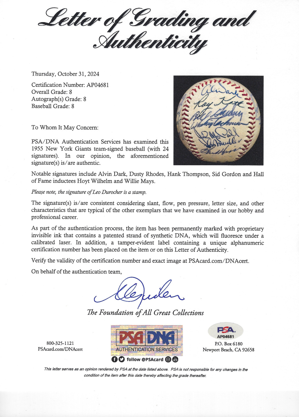 1955 New York Giants Team Signed (24) Baseball. Mays, Wilhelm PSA/DNA NM- MT 8