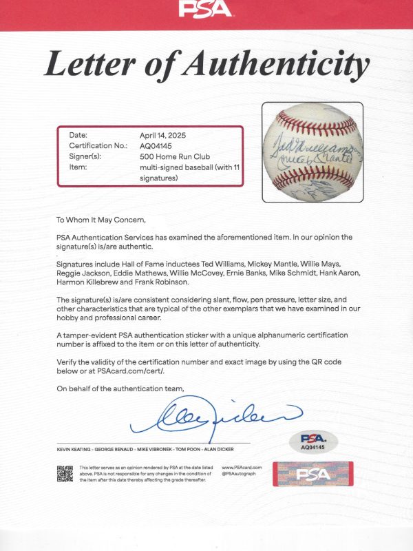 500 Home Run Club Multi Signed by 11 OAL Baseball Mickey Mantle PSA