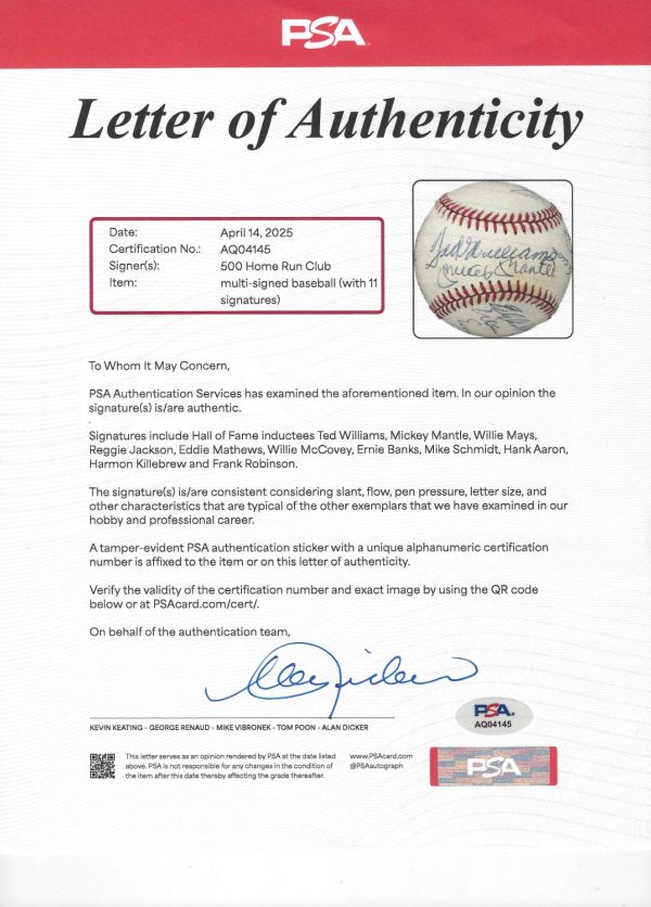 500 Home Run Club Multi Signed by 11 OAL Baseball Mickey Mantle PSA