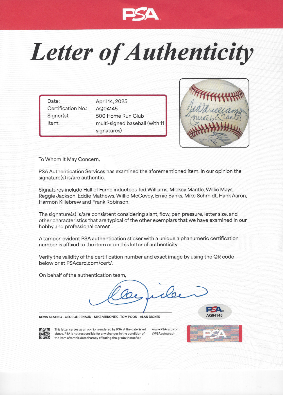 500 Home Run Club Multi Signed by 11 OAL Baseball Mickey Mantle PSA