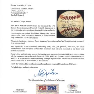 Spahn, Southworth Signed 1948 Boston Braves Team Signed Baseball PSA LOA HOF