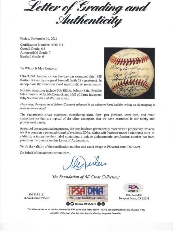 Spahn, Southworth Signed 1948 Boston Braves Team Signed Baseball PSA LOA HOF
