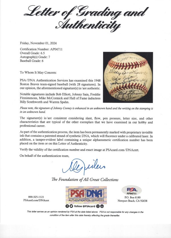 Spahn, Southworth Signed 1948 Boston Braves Team Signed Baseball PSA LOA HOF