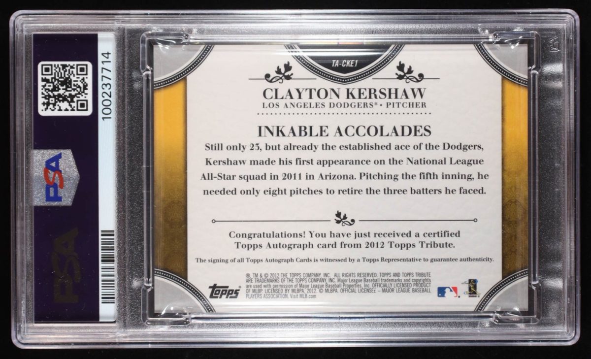 Clayton Kershaw Signed 2012 Topps Tribute Autographs #CKE1 #27/99 (PSA 9)